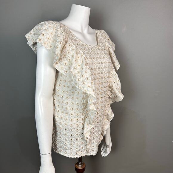 Sezane Top Forta Blouse XXL / Size 12 Sleeveless Ruffle Blouse Eyelet Cotton - Picture 2 of 12